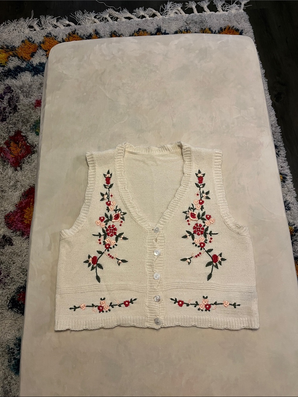 SHEIN Cream V-Neck Button-Front Knit Vest with Red Floral Embroidery
